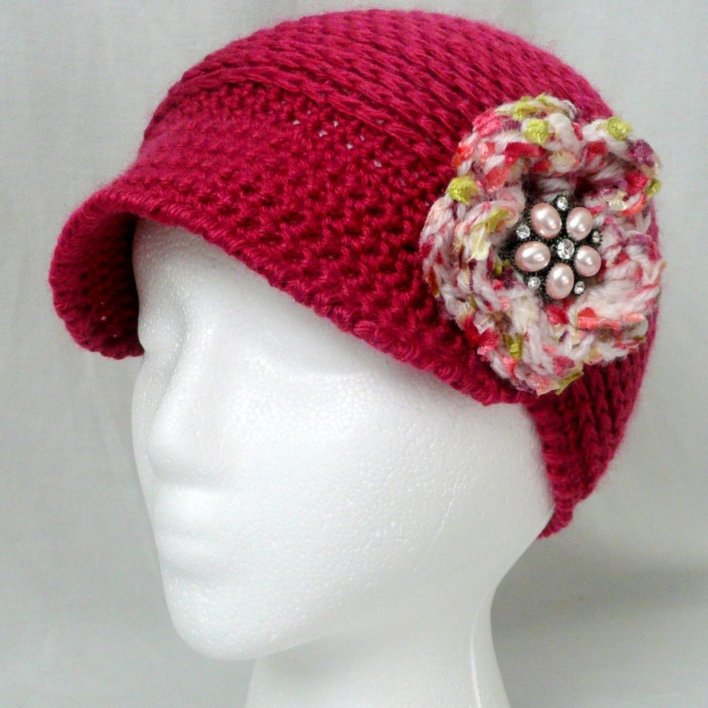 Hand Crochet Dark Pink Newsboy Hat Matching Flower and Pink Pearl Pin Accent